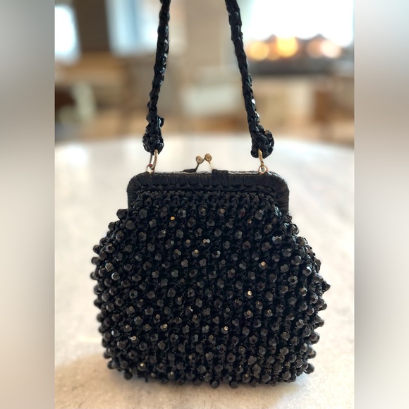 Retro Vintage Small Delia Black Beaded Frame Satchel Purse Hand Made In Italy - Picture 9 of 11